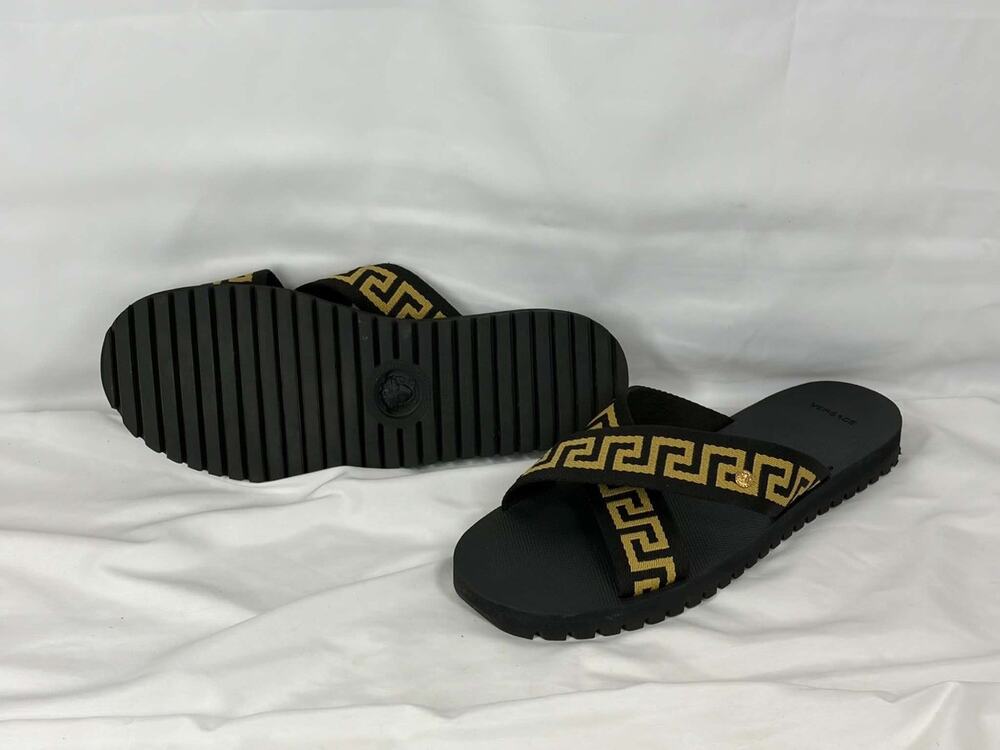 VERSACE BLACK NASTRO GRECA CROSS STRAP SANDALS US 14 SPB JA-367275